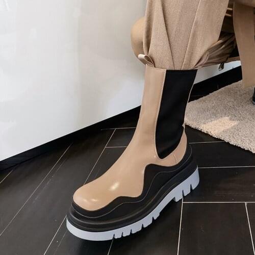 2021 Genuine Leather Thick Bottom Ankle Boots Womens Winter High Boots Cossacks Woman Shoes Elastic Combat Boots Autumn Shoes