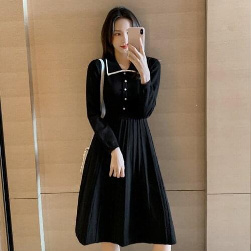 2021 New Long Knit Maxi Sweater Dress Women Winter Warm Long Sleeve Pleated Dress Plus Size A Line Turn Down Collar Midi Dresses