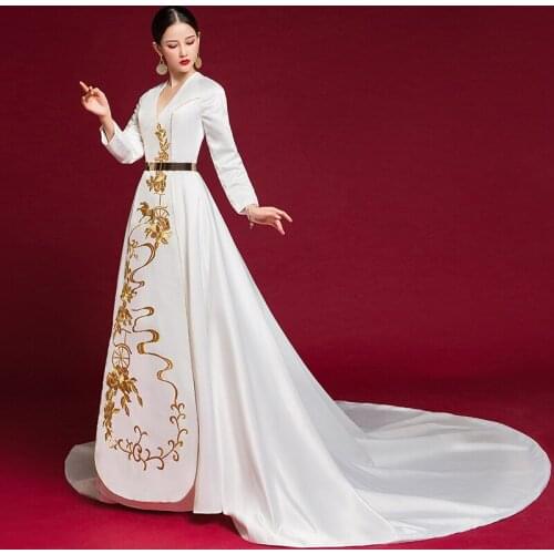 White Embroidery Woman Traditional Chinese Evening Dress Long Sleeve Tailing Fashion Cheongsam Sexy Qipao Oriental Style Dresses