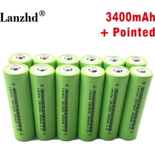 12PCS Pointed 18650 Battery 3.7v 3400mah Lithium li ion Rechargeable Batteries INR18650 with Pointed For flashlight batteries