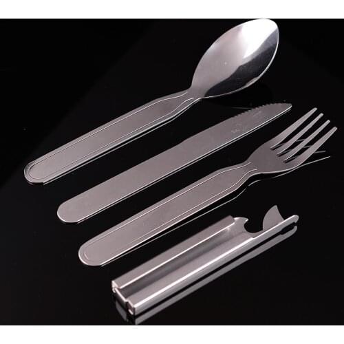 4pcs/set Portable Dinnerware Outdoor Stainless Steel Spoon Fork Bottle Cap Opener Kit Tablewares