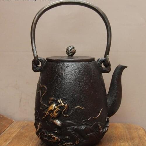 Archaic Jepanese Technics Iron Silver Gilt Dragon Water Bottle TeaPot Teakettle