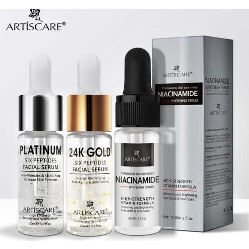 ARTISCARE Nicotinamide + Platinum + 24k Gold Six Peptides Essence 3pcs/lot Anti Wrinkles & Whitening Serum for Face Care Cream