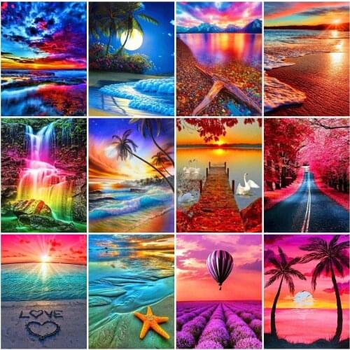 AZQSD Full Drill Diamond Painting Sunset Seaside Cross Stitch Diamond Embroidery Landscape Mosaic Rhinestone Handmade Home Decor