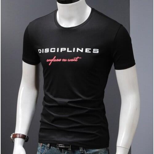 Black Short Sleeve O-Neck T Shirt Men Summer Fashion Letter Printed T-Shirts Mens Cotton Stretch Slim Fit Tshirt Size S-4XL
