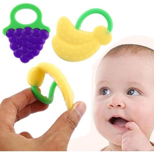 Infant Non-toxic Fruit Teether Toys Grape Banana Watermelon Cartoon Shape Baby Teether Toys Food Grade Silicone Dental Care Bite