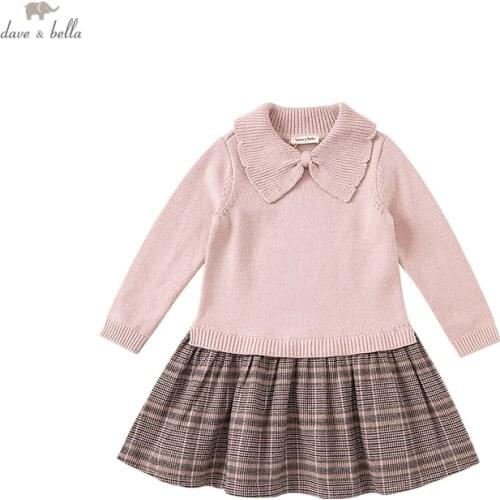 DKH19837 dave bella autumn girls fashion letter plaid print draped dress children sweet dress kids infant lolita clothes