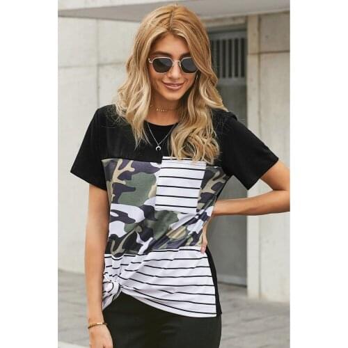 Summer Stripe Print Patchwork Summer T-Shirt With Pocket For Girl O Neck Short Sleeve Casual Streetwear Top