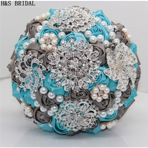 H&S BRIDAL Silver rhinestones pearls Wedding Flowers Bridal Bouquets Artificial Wedding Bouquets Rose buque de noiva 2020