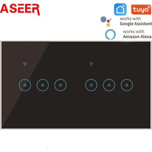 ASEER Tuya Smart switch 6 Gang Wifi Light Switch,90-240V,Touch Glass Panel Voice Control Wall Switch work with Alexa Google Home
