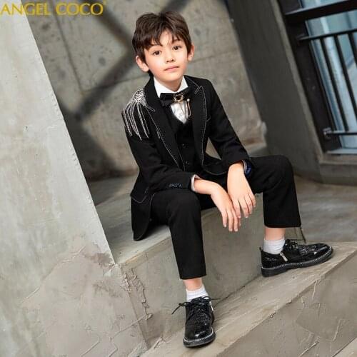 Boys Suits 7piece Black Flower Boy Dress Jacket Handsome Boys Suits For Weddings Model Catwalk Costume Enfant Garcon Mariage