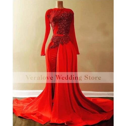 Long SLeeves Red Prom Dress Mermaid 2022 Beads Appliques African Girl Party Night Wears Vestidos De Cocktail