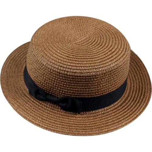 Summer Boater Ribbon Bowknot Solid Color Round Flat Straw Sun Cap Women Hat new