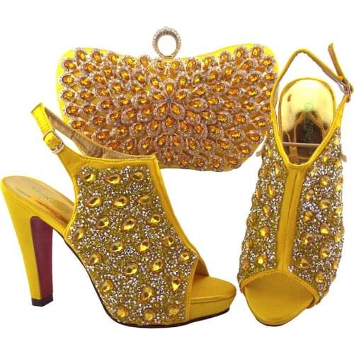 African Hot Selling Italian Design Fashion Special Colorful Crystal Mixing Metal Style Women Shoes and Bag Set in Yellow Color