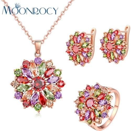 MOONROCY Free Shipping Multicolor Rose Gold Color Cubic Zirconia Crystal Earrings Necklace and Ring Jewelry Set for Women Gift