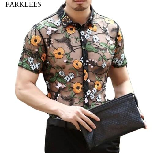 Flower Floral Lace Shirt Men 2018 Luxury Embroidery Men Transparent Dress Shirts Club Party Prom Sexy Social Shirt Chemise Homme