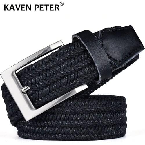 Men Leather Belt For Elastic Rope Wax Canvas Braided Woven Stretch Long Waist Belt 3.5 CM Cowskin Belt Top Tip For Men 95-160 CM