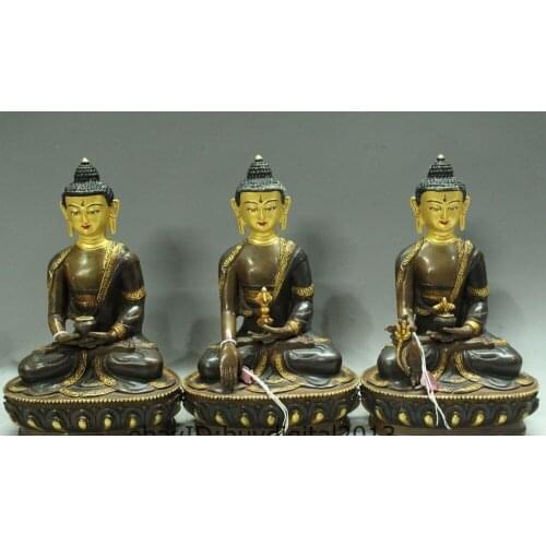 8Tibet Buddhism Fane Bronze Gilt Sakyamuni Shakyamuni 3 Gods Buddha Statue Set