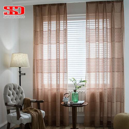 Chinese Style Solid Tulle Curtains for Living Room Classic Geometric Voile cortinas Sheer Window Treatments Bedroom Brown Beige