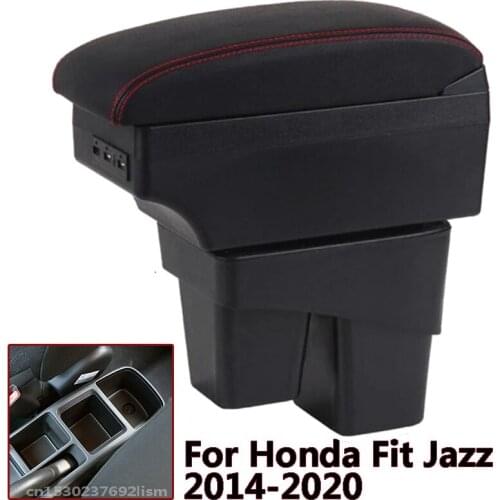 For Honda Fit Jazz 2014-2020 armrest Dual Layer PU Leather Car accessories Storage box cup holder ashtray USB