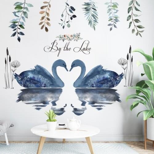 Romantic Love Swan Wall Sticker Hand Painted Removable Art Vinyl Mural Decals Wedding Room Bedroom Background Poster Wallpaper