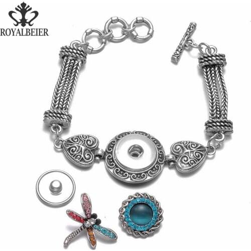 RoyalBeier Snap Button Bracelet Vintage Silver Color Multilayer Hearted Metal Fit 12mm Beads Jewelry Bracelet For Women Gift