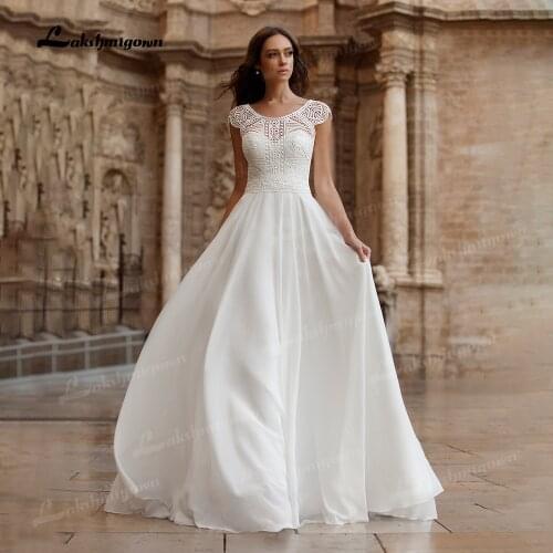 Vestido Boho Chiffon Wedding Dress 2021 Scoop Neck Long Vintage Lace Beach Wedding Dresses Cap Short Sleeves Floor Length