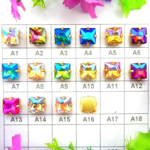 AB colors Gold claw settings 8mm 10mm 12mm Square shape glass Sew on Crystal rhinestone beads Wedding dress diy trimming