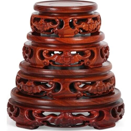 8-15cm Diameter Red Sandalwood Pierced Vase Base Carved Bat Pattern Flower Vase Stone Teapot Mahogany Buddha Jade Base