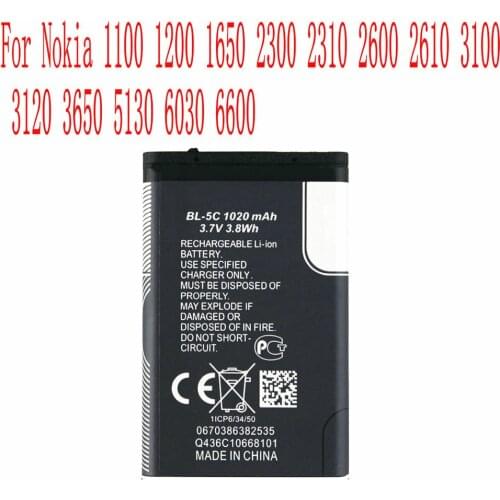 High Quality 1020mAh BL5C Battery For Nokia 1100 1200 1650 2300 2310 2600 2610 3100 3120 3650 5130 6030 6600 Cell Phone
