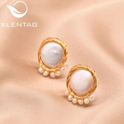 XlentAg Original Natural Baroque Flat Fresh Water Pearl Stud Earrings For Women Party Gift Handmade Luxury Fine Jewellery GE0646