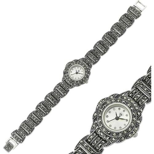 925 K Silver Marcasite Cubic Zirconia Womens Clock