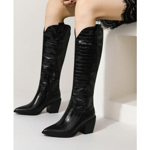 Lady Winter New Knee High Boots Fashion Stone Pattern PU Knight Boots Female Pointed Thick Heel Loose Spring Autumn Women Shoes