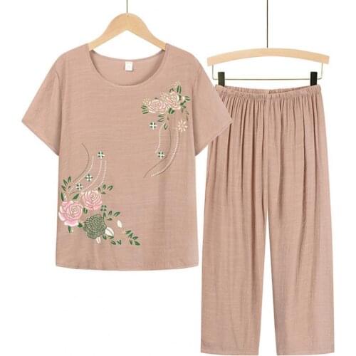 Summer Women Homewear Set Short Sleeve Floral Print T-shirt Pants Loose Two Pieces Set Outfit for Middle-aged Pajama Sets