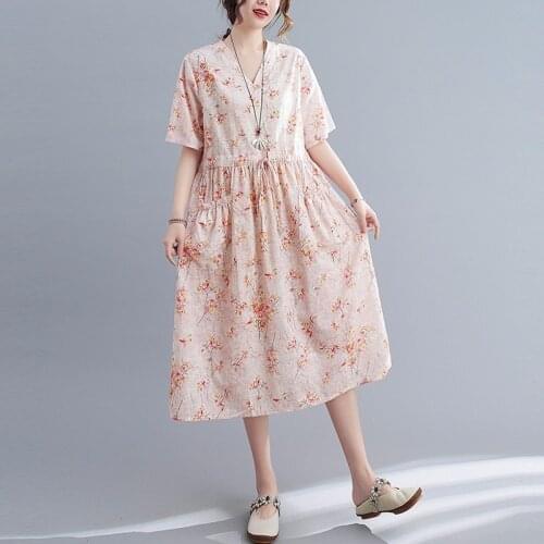 Plus Size Women Cotton Linen Casual Dress New 2021 Summer Vintage Style V-neck Floral Print Ladies A-line Long Dresses B154