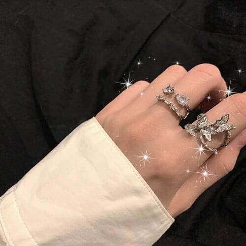 MENGJIQIAO New Korean Delicate Micro Pave Zircon Butterfly Adjustable 2 Layers Rings For Women Girls Fashion Party Ring Jewelry