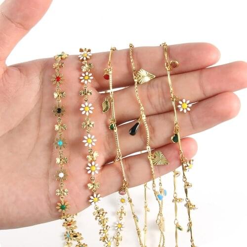 1meter/Lot Gold Plated Copper Chain Drop Oil Crafts Charms Leaf Wave Daisy Sunflower Heart Beads Chain For Diy Jewelry Supplier