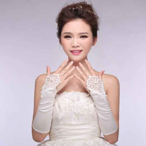 1 Pair White Bridal Gloves Elegant Applqiue with Satin Fingerless Gloves Bride Wedding Gloves Accessories
