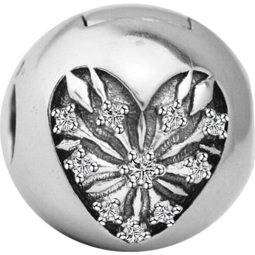 100% 925 Sterling Silver Clear CZ Heart of Winter Clip Charm Stopper Beads for Jewelry Making Fits Original Bracelets Berloques
