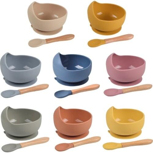 2 Pcs BPA Free Silicone Waterproof Baby Suction Bowl Training Spoon Set Non-Slip Learning Feeding Dish Plate Utensils