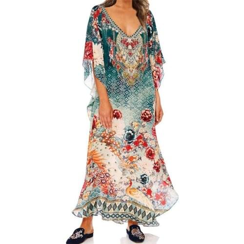2021 Multicolored Bohemian Floral Printed V-neck Bats Sleeve Long Summer Beach Dress Plus Size Women Beachwear Maxi Dress N1040
