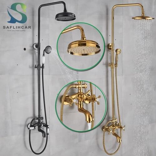 8 inch Gold/Black Bathroom Rainfall Shower Mixer Faucet Dual Handle Bath room Shower Set Black Brass 8" Showerhead Faucet System