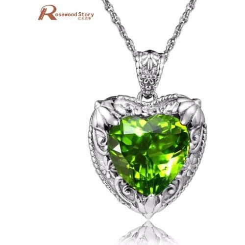 925 Sterling Silver Lovely Vintage Heart Shaped Olivine Created Peridot Crystal Pendants Necklace For Women Party Fine Jewelry