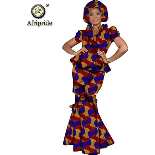 African 2 piece outfits for women ankara top+print maxi skirts +Head Scarf plus size party sets outfit AFRIPRIDE S1926006