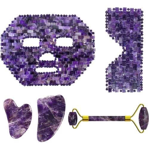 Amethyst Massage Roller Guasha Board Natural Purple Crystal Eye Mask Facial Massager Real Jade Gouache Scraper Stone Face Mask