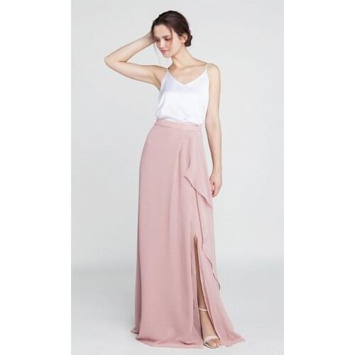 Long Chiffon Bridesmaid Skirt with Slit , Ruffled Camisole Top