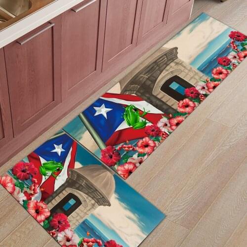 Puerto Rico Flag Frog Hibiscus Kitchen Mat Entrance Doormat Christmas Home Decoration Living Room Carpet Bathroom Anti-slip Rug