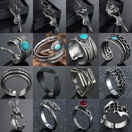 Retro Punk Snake Dragon/Leaf/Evil Eye Ring for Men Women Exaggerated Antique Siver Color Open Rings Anillo Hombre Bijoux
