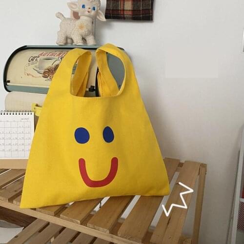Creative Canvas Tote Bag Small Handbag Women Double Side Print Cartoon Smile Face Shopper Bag Casual Hand Bags Bolsa Feminina