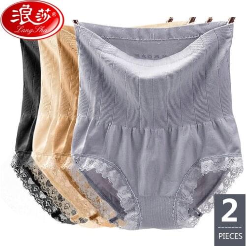 LANGSHA 2Pcs/lot High Waist Women Panties Shapewear Tummy Control Panties Slimming Body Shapers Underwear Sexy Lace Lingerie